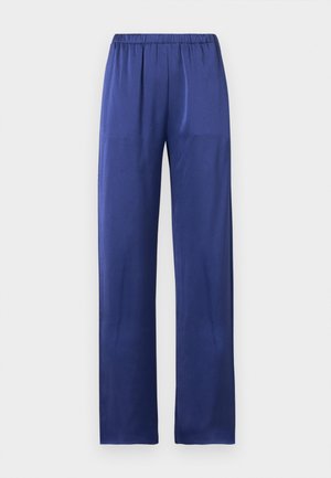 Μπλε, παντελόνια με φαρδιά μπατζάκια, λεία και γυαλιστερή υφή και ελαστική μέση. Χωρίς ορατά σχέδια ή διακοσμήσεις. Κανονική εφαρμογή με ίσια πόδια.