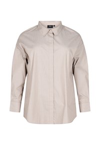 Beige ja valge triibuline nööpidega särk klassikalise krae, pikkade varrukate ja lõdva istuvusega. Valmistatud kergest kangast.