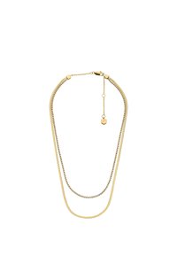 Collana in tono oro composta da due catene: una liscia e l'altra decorata con cristalli trasparenti. Lunghezza regolabile con chiusura a moschettone.