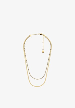 Collier en ton doré avec deux chaînes : l'une lisse et l'autre ornée de cristaux transparents. Longueur ajustable avec un fermoir en forme de homard.