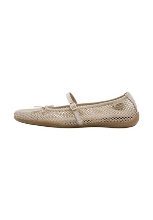 Chaussure plate Mary Jane beige avec dessus en mesh perforé, petit nœud sur l’orteil, bride réglable avec boucle et semelle en caoutchouc.