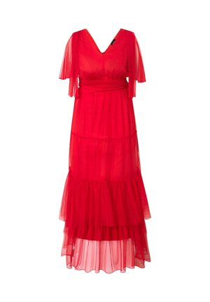 Rode tule maxi-jurk met een V-hals, korte fluttermouwen en gerafelde lagen aan de zoom. Lichtgewicht en semi-transparant materiaal.