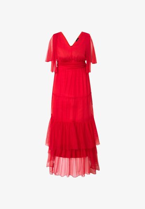 Robe maxi en tulle rouge avec un décolleté en V, des manches courtes à volants et des volants au niveau de l'ourlet. Tissu léger et semi-transparent.