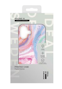 Pastel marmor iPhone 16 cover med svungne mønstre i pink, lilla, blå og grøn; glat overflade; MagSafe-kompatibel; slank design.