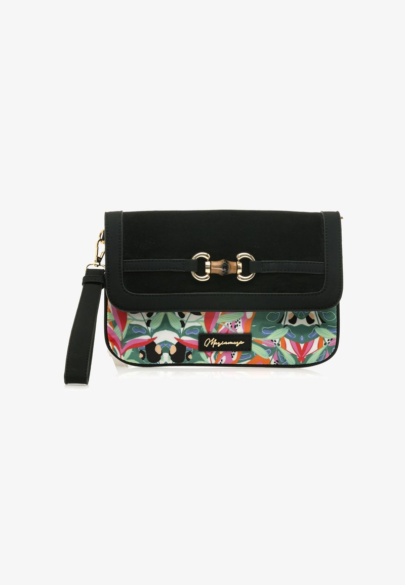 Sac à main en suède noir et synthétique avec une base à motifs floraux vifs, des accents en métal doré et une fermeture à rabat avec un détail de boucle.
