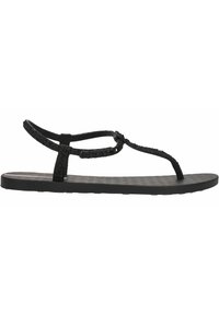 Sandali piatti neri con una soletta testurizzata e sottili cinturini intrecciati che creano un design a T. Stile leggero e minimalista.