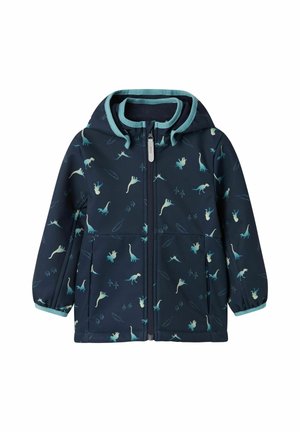Granatowa dziecięca kurtka z przednim zamkiem błyskawicznym, kapturem i jasnoniebieskim obszyciem. Posiada wzór dinozaurów oraz dwie przednie kieszenie.