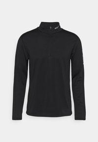Pull-over noir à manches longues avec fermeture éclair quart, fabriqué à partir d'un tissu lisse et extensible. Il présente un col haut et un détail de logo sur la manche.