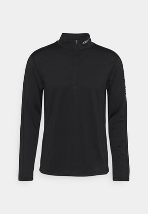 Pullover preto de mangas longas com fecho de correr até um quarto, feito de um tecido liso e elástico. Apresenta um colarinho alto e detalhe do logótipo na manga.