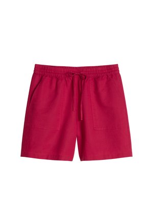 Red elastic waist shorts with front pockets and a drawstring tie, made from lightweight fabric.