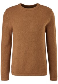 Hnědý svetr vyrobený z texturované pleteniny, s kulatým výstřihem a dlouhými rukávy. Jednoduchý design s ribovaným límcem a lemem.