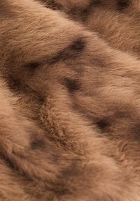 Fourrure brune douce avec des taches plus foncées et une texture dense et duveteuse, montrant des motifs naturels semblables à ceux des animaux.