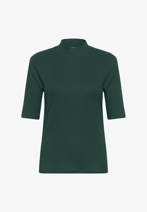 Top corto a maniche corte di un verde scuro a coste, con un collo alto e una silhouette aderente. Tessuto liscio, design minimalista, senza motivi o dettagli visibili.