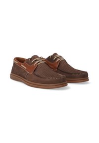 Braune Lederschuhe mit Lochmuster, sandfarbenen Akzenten, cremfarbenen Schnürsenkeln und kontrastierenden Nähten. Flexible Sohle und runde Form.