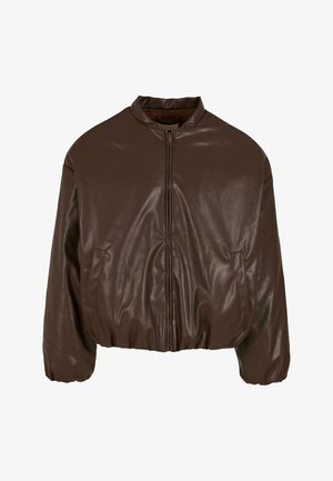 Pruun faux nahast bomber-jakk, millel on lukuga esiosa, lühike disain, elastsed mansetid ja küljetaskud, millel on läikiv pind.