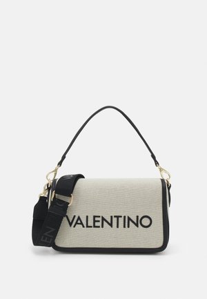Canvas handbag featuring a beige body, black accents, and bold "VALENTINO" logo. Includes a detachable strap and gold hardware.