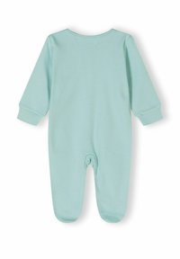 Lys grøn babyheldragt lavet af blødt stof, med lange ærmer, rund hals og lukkede fødder for varme.