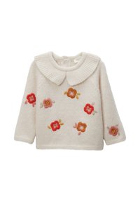 Pull crème avec un col côtelé, des manches longues et des broderies florales en rouge, rose et orange sur le devant. Texture douce.