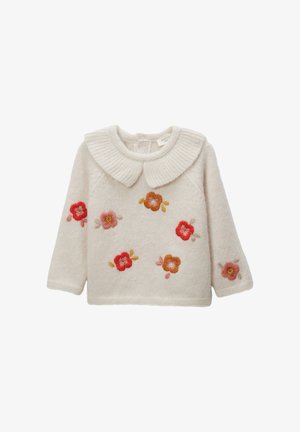 Pull crème avec un col côtelé, des manches longues et des broderies florales en rouge, rose et orange sur le devant. Texture douce.