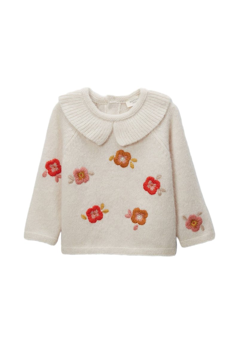 Pull crème avec un col côtelé, des manches longues et des broderies florales en rouge, rose et orange sur le devant. Texture douce.