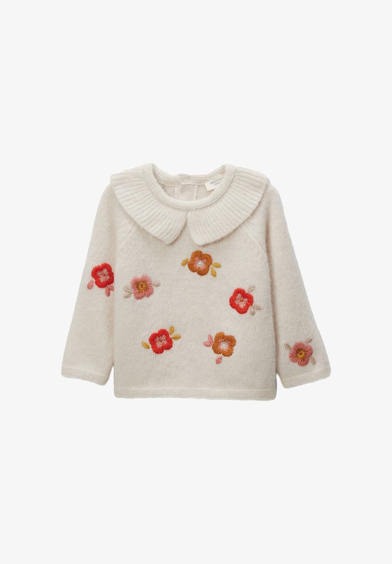 Pull crème avec un col côtelé, des manches longues et des broderies florales en rouge, rose et orange sur le devant. Texture douce.