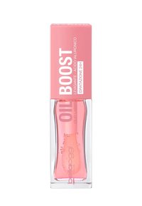 Bottiglia di olio labbra con cappuccio rosa etichettata "BOOST" contenente acido ialuronico per un'idratazione di 24 ore, con confezione trasparente che mostra il liquido rosa all'interno.