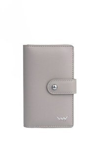 Gray vegan leather wallet, rectangular shape, snap closure, visible stitching, silver hardware, embossed logo on the bottom right corner.