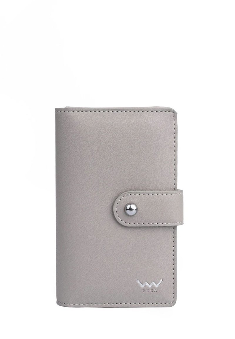 Gray vegan leather wallet, rectangular shape, snap closure, visible stitching, silver hardware, embossed logo on the bottom right corner.