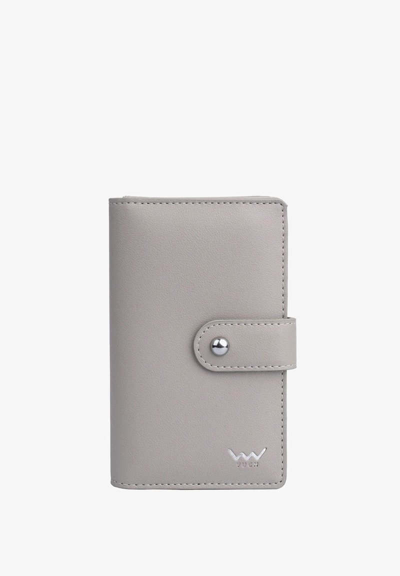 Gray vegan leather wallet, rectangular shape, snap closure, visible stitching, silver hardware, embossed logo on the bottom right corner.