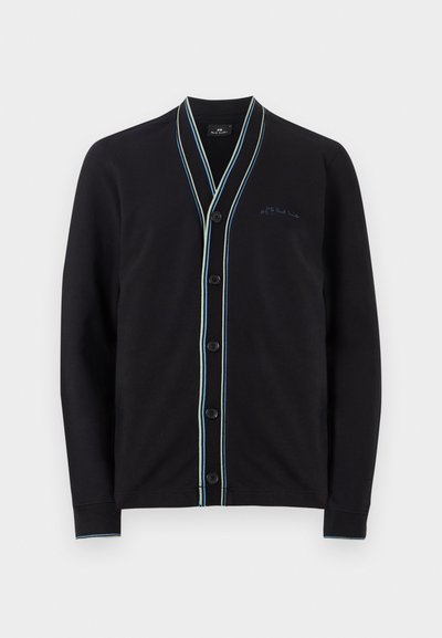 Black cardigan with a shawl collar, featuring contrasting light blue and white stripes, six black buttons, and a small embroidered logo.