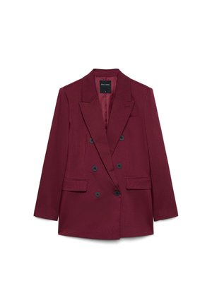 Double-breasted dark red blazer with six black buttons, notch lapels, two front flap pockets, and long sleeves.