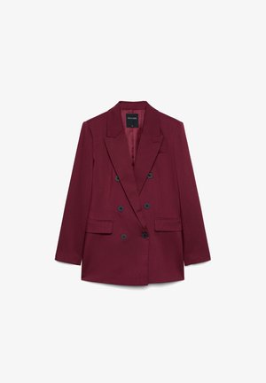Dunkelroter zweireihiger Blazer mit sechs schwarzen Knöpfen, Kerbkragen, zwei vorderen Pattentaschen und langen Ärmeln.