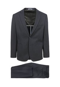 Twee-delig kostuum bestaande uit een donkerblauwe blazer met een notch-revers, één knoopsluiting en bijpassende broek met een elastische tailleband.