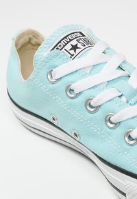 Baskets en toile bleu clair avec lacets blancs, œillets argentés, et semelle en caoutchouc noire. Présente un écusson logo noir et blanc sur la languette.