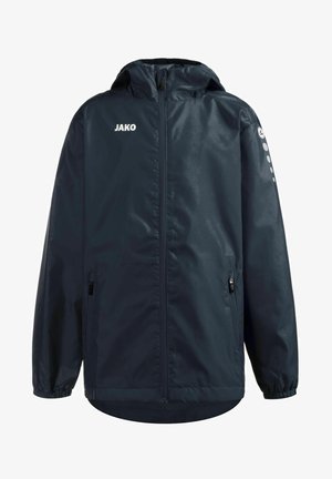 Marineblauwe windbreaker jas met capuchon, voorrits, elastische manchetten en twee zijzakken. Bevat een wit "JAKO" logo op de borst en gestileerde accenten.