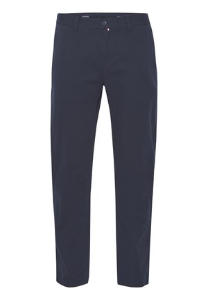 Pantalones de uno azul marino elásticos con un diseño de pierna recta, cierre de un solo botón y un pequeño acento tricolor en la cinturilla.