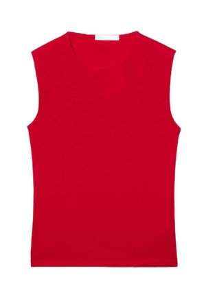 Czerwony top bez rękawów wykonany z gładkiej bawełnianej tkaniny. Posiada okrągły dekolt i dopasowany krój z czystymi krawędziami. Bez wzorów i ozdób.