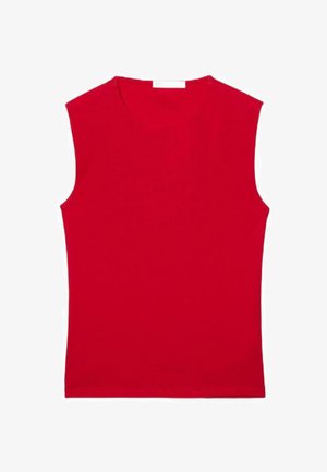 Czerwony top bez rękawów wykonany z gładkiej bawełnianej tkaniny. Posiada okrągły dekolt i dopasowany krój z czystymi krawędziami. Bez wzorów i ozdób.