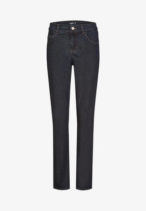 Jean en denim bleu foncé avec une coupe slim, cinq poches, une fermeture à bouton et des accents de couture visibles. Texture lisse et design à jambe droite.