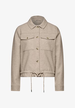 Beige gekürzte Jacke aus weichem Material, mit Kragen, Knopfleiste, zwei Brusttaschen und einem Kordelzugsaum.