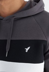 Primer plano de una persona que lleva una sudadera con capucha en bloques de color gris, negro y blanco, con un logo de pájaro blanco bordado en el pecho.