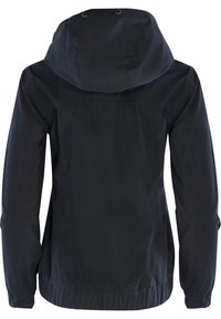 Czarna kurtka z kapturem, elastycznym pasem i mankietami. Lekki materiał o gładkiej teksturze i prostym wzorze. Brak widocznych detali metalowych.