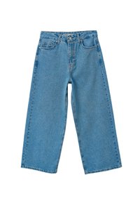 Jeans de mezclilla de un azul claro, de pierna ancha y con cintura alta, que cuentan con dos bolsillos frontales y un cierre de botón y cremallera. Estilo plano, sin adornos.