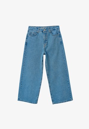 Lyseblå denim wide-leg jeans med høj talje, som har to frontlommer og en knap- og lynlåslukning. Flad stil, uden udsmykninger.
