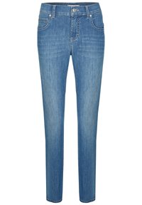 Jeans in denim light blu con un design a gamba dritta, cinque tasche e chiusura con bottone. Il tessuto ha una finitura liscia e strutturata.