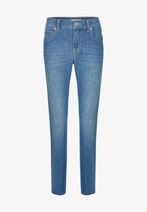 Jeans de mezclilla azul claro con diseño de pierna recta, cinco bolsillos y cierre de botón. La tela tiene un acabado suave y texturizado.