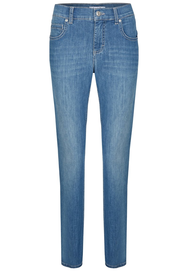 Jeans in denim light blu con un design a gamba dritta, cinque tasche e chiusura con bottone. Il tessuto ha una finitura liscia e strutturata.