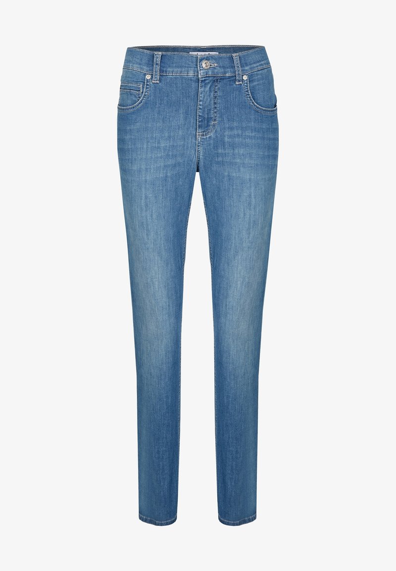 Jeans in denim light blu con un design a gamba dritta, cinque tasche e chiusura con bottone. Il tessuto ha una finitura liscia e strutturata.