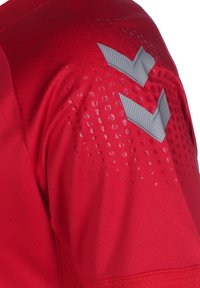 Rode sporttrui met een textuurstof en kleine perforaties. Grijze accenten in een chevronpatroon op de schouder.