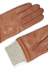 Braune Lederhandschuhe mit einem gerippten beigen Strickbund. Zu den Merkmalen gehören vier längliche Finger, Seitennaht und eine leicht erhöhte Handfläche.
